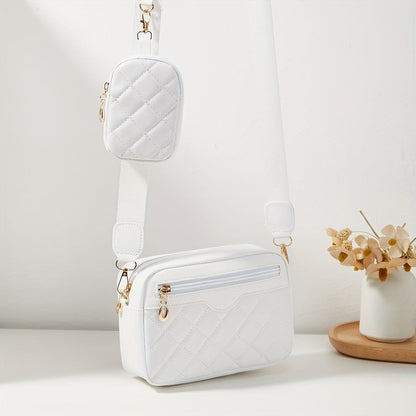 Solid Color Quilted Crossbody Bag - Small Square Shoulder Bag with Zipper Compartments