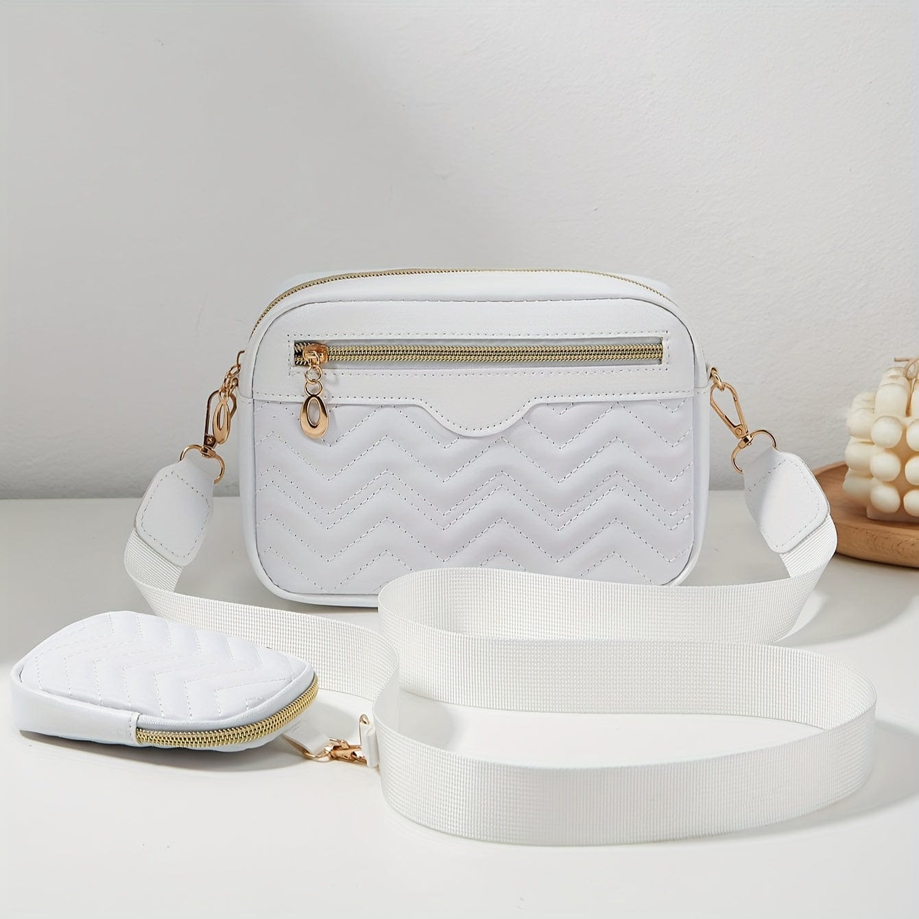 Solid Color Quilted Crossbody Bag - Small Square Shoulder Bag with Zipper Compartments