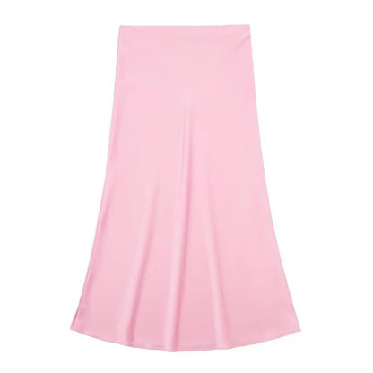Casual Long Skirt Elastic High Waist A-Line Satin Skirt for Spring, Streetwear Chic