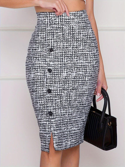 Chic High-Waist Pencil Skirt with Button Detail and Split Hem Flattering Fit for Spring & Summer, Premium Women's Fashion
