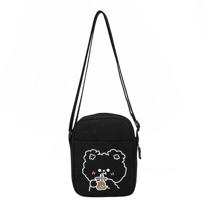 Cute Bear Rabbit Print Mini Canvas Crossbody Bag for Women & Girls – Trendy Cartoon Shoulder
