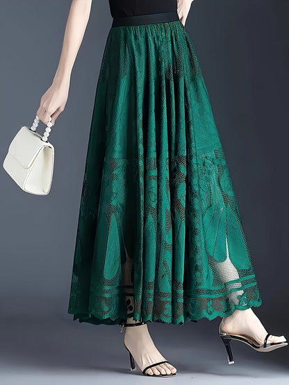 Guipure Lace High-Waisted Maxi Skirt Flowing A-Line Design for Chic Spring & Summer Elegance