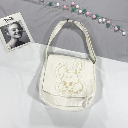 Harajuku Fringed Rabbit Embroidered Canvas Shoulder Bag – Stylish Women’s Crossbody