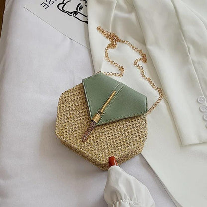 Handmade Straw & Leather Handbag for Women – Summer Rattan Beach Circle