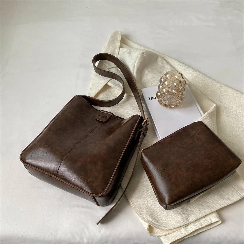 LEFTSIDE 2024 Retro Solid Color Leather Shoulder Bag - Stylish Korean Fashion