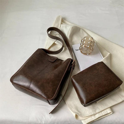LEFTSIDE 2024 Retro Solid Color Leather Shoulder Bag - Stylish Korean Fashion
