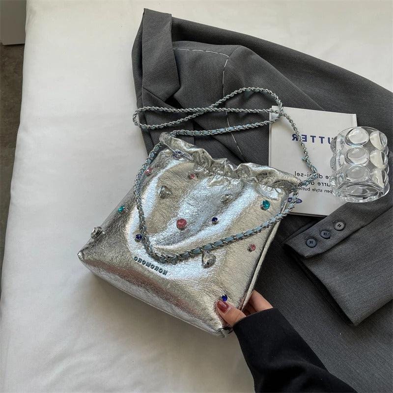 LEFTSIDE Luxury Silver Leather Crossbody Bag for Women – Diamonds Design, 2023