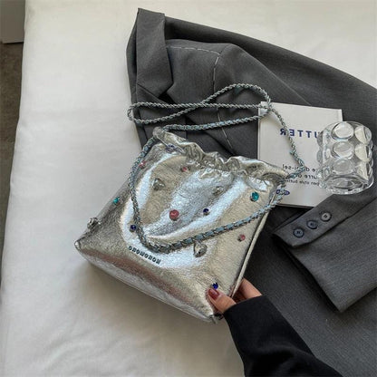 LEFTSIDE Luxury Silver Leather Crossbody Bag for Women – Diamonds Design, 2023