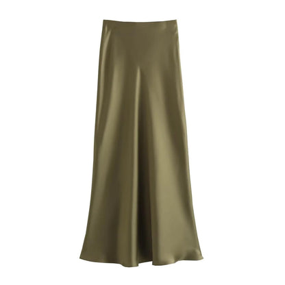 Casual Long Skirt Elastic High Waist A-Line Satin Skirt for Spring, Streetwear Chic