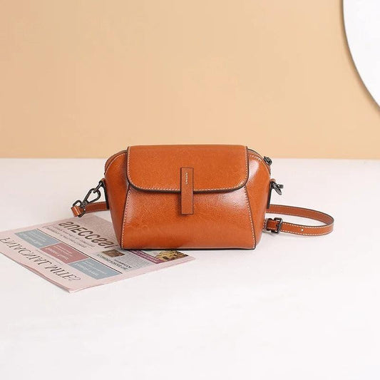 Oil Wax Cowhide Leather Crossbody Bag for Women | Fashionable Small Shoulder Shell