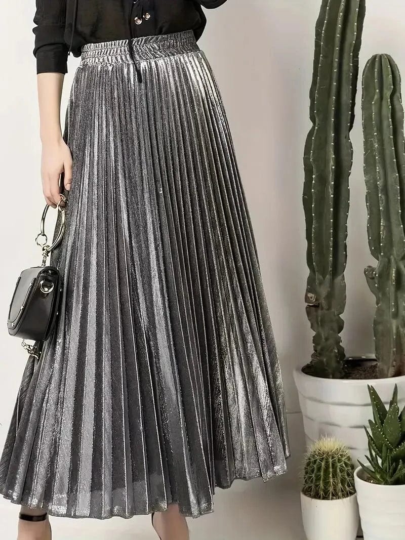 RadiantGlam Plus Size Metallic Pleated Maxi Skirt