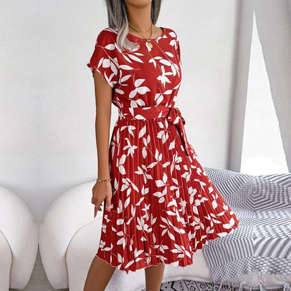 Chic Floral Pleated A-Line Long Dress