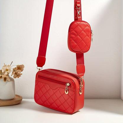 Solid Color Quilted Crossbody Bag - Small Square Shoulder Bag with Zipper Compartments