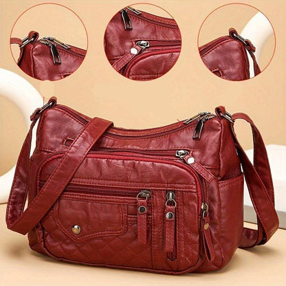 Spacious Multi-Pocket Vegan Leather Crossbody Bag - Chic Zipper Accents for Everyday
