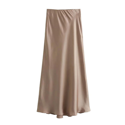 Casual Long Skirt Elastic High Waist A-Line Satin Skirt for Spring, Streetwear Chic