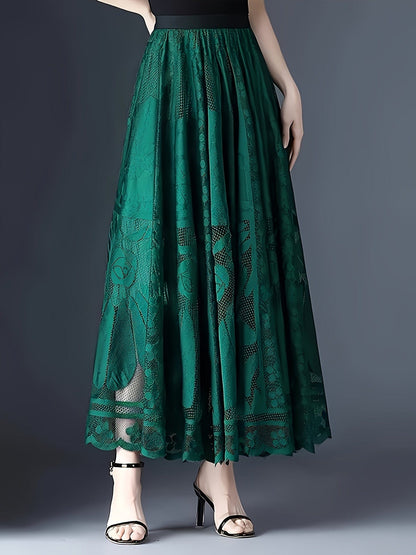 Guipure Lace High-Waisted Maxi Skirt Flowing A-Line Design for Chic Spring & Summer Elegance