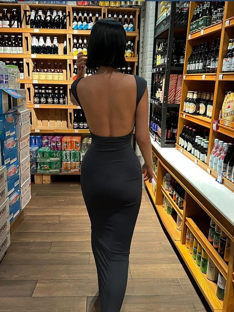 Elegant Solid Backless Maxi Dress