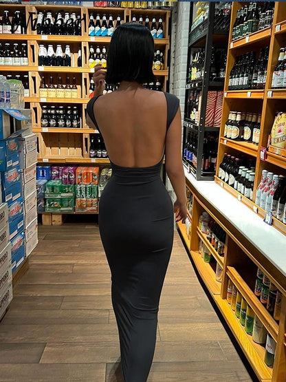 Elegant Solid Backless Maxi Dress