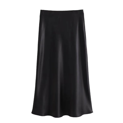 Casual Long Skirt Elastic High Waist A-Line Satin Skirt for Spring, Streetwear Chic