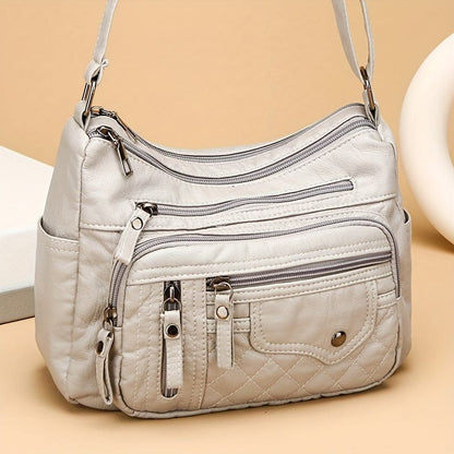 Spacious Multi-Pocket Vegan Leather Crossbody Bag - Chic Zipper Accents for Everyday