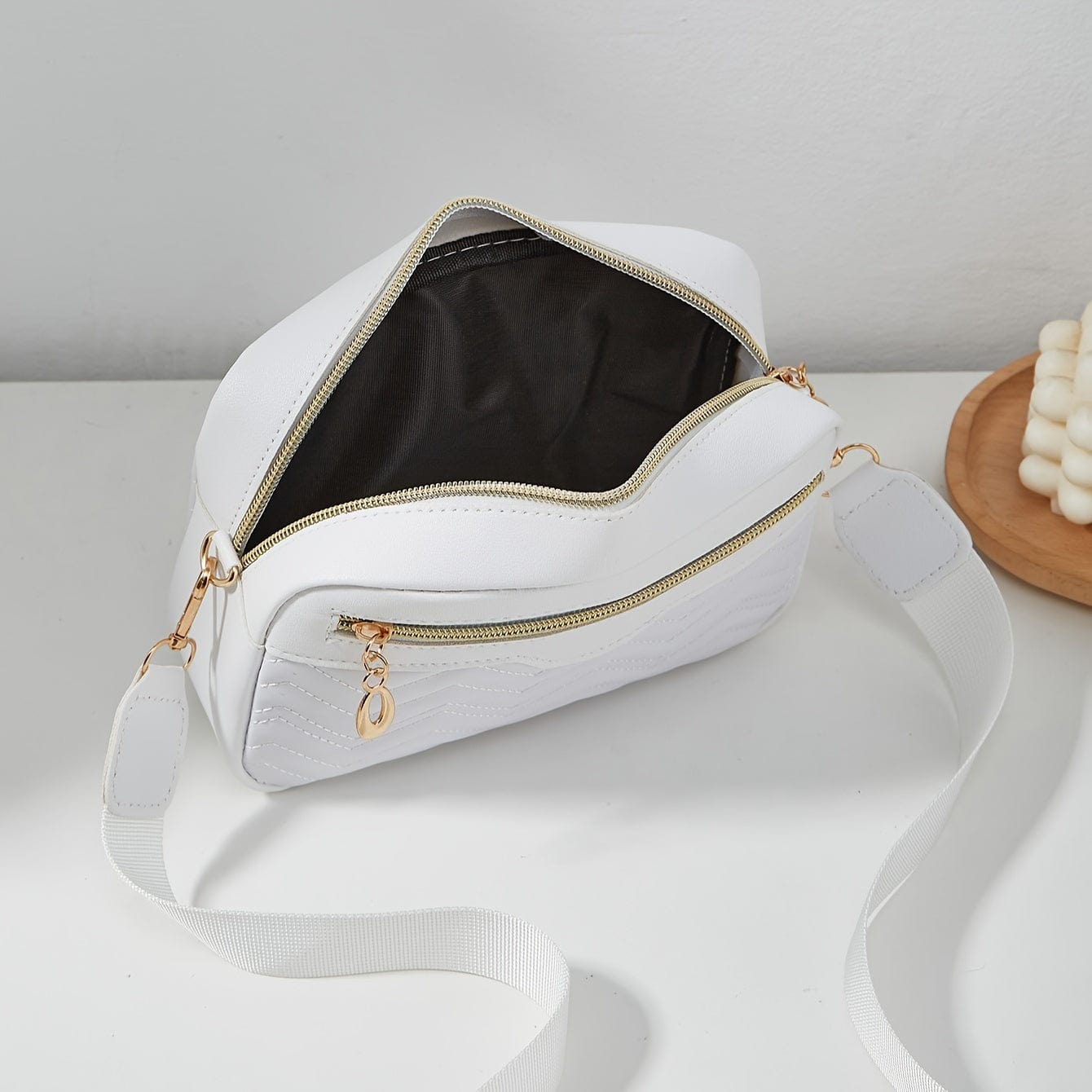 Solid Color Quilted Crossbody Bag - Small Square Shoulder Bag with Zipper Compartments