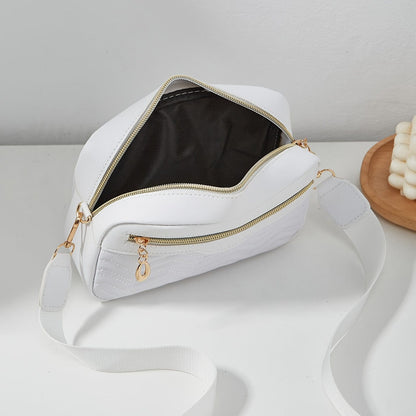 Solid Color Quilted Crossbody Bag - Small Square Shoulder Bag with Zipper Compartments