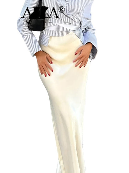 Casual Long Skirt Elastic High Waist A-Line Satin Skirt for Spring, Streetwear Chic