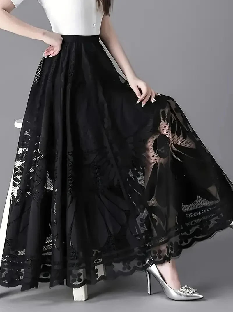 Guipure Lace High-Waisted Maxi Skirt Flowing A-Line Design for Chic Spring & Summer Elegance