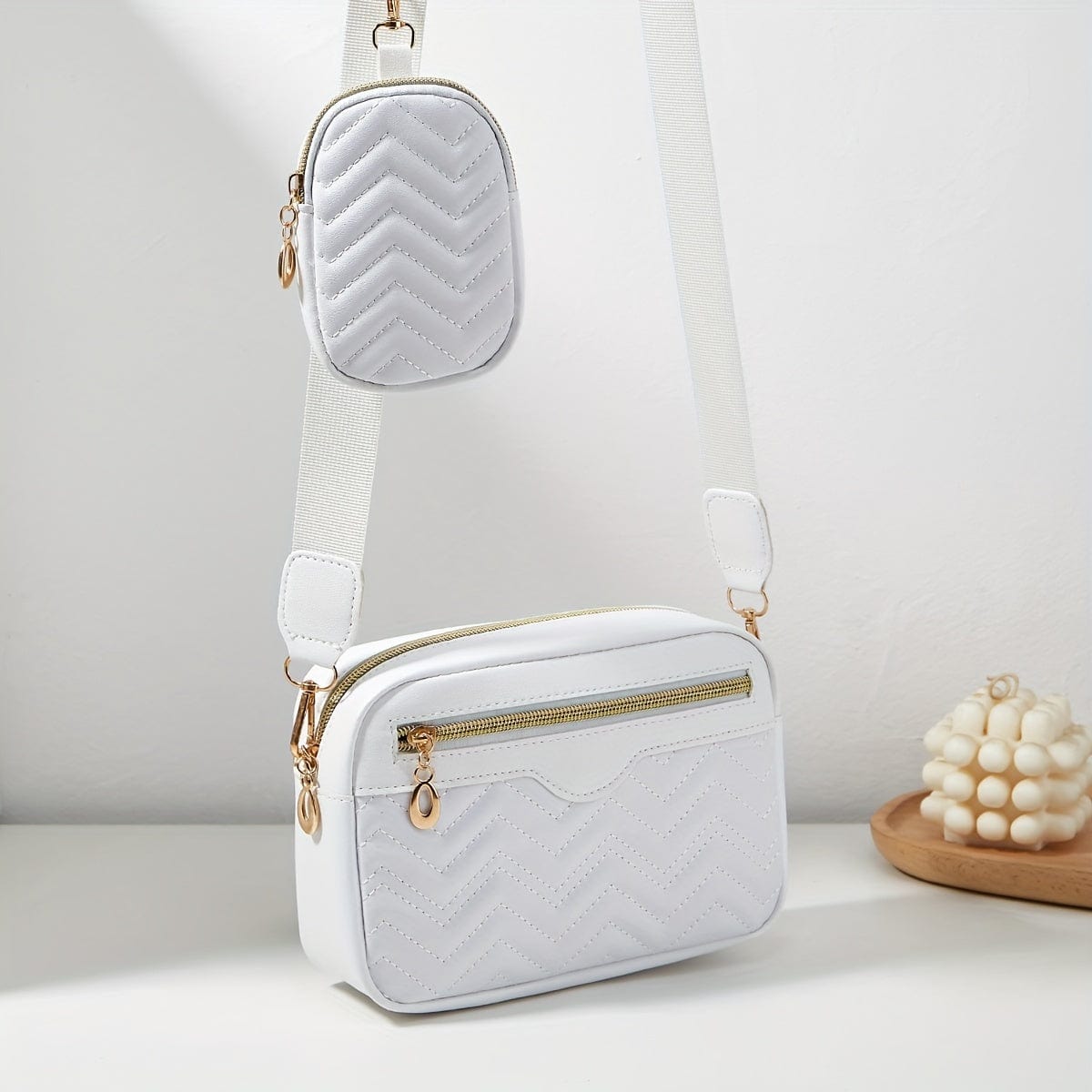 Solid Color Quilted Crossbody Bag - Small Square Shoulder Bag with Zipper Compartments