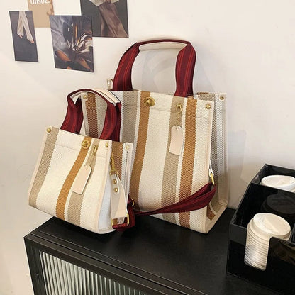 BXWJ Canvas Stripe Tote Bag – Vintage Shoulder & Crossbody Handbag, Large & Small Sizes,