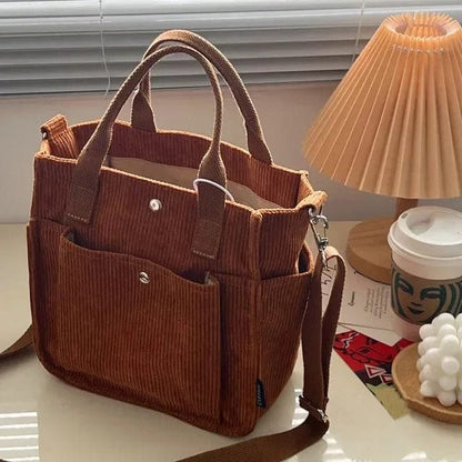 Large Corduroy Women's Shoulder Bag – Canvas Tote & Messenger Crossbody Bag for Students & Casual Wea