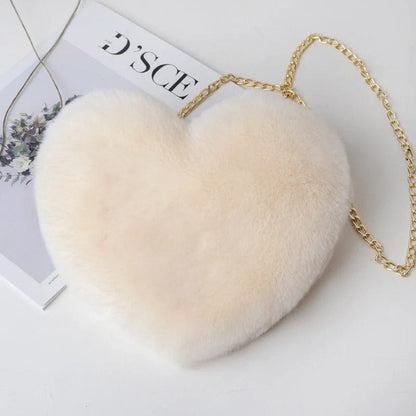 Cute Heart-Shaped Faux Fur Crossbody Bag – Plush Chain Shoulder Handbag for Women,