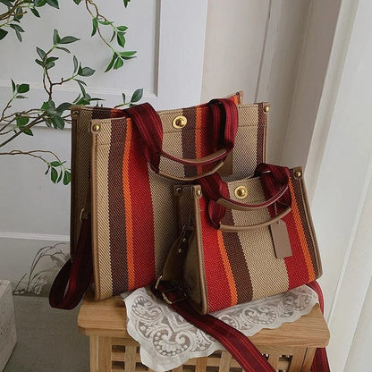 BXWJ Canvas Stripe Tote Bag – Vintage Shoulder & Crossbody Handbag, Large & Small Sizes,