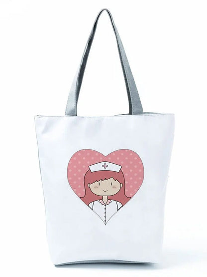 CartoonNurse Ladies Printed Handbag – Foldable High Capacity Eco Reusable Shoulder Bag for Travel & Shopping