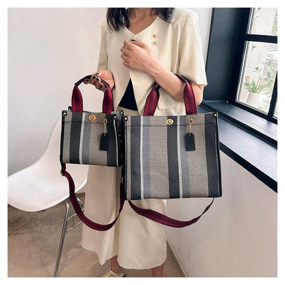 BXWJ Canvas Stripe Tote Bag – Vintage Shoulder & Crossbody Handbag, Large & Small Sizes,