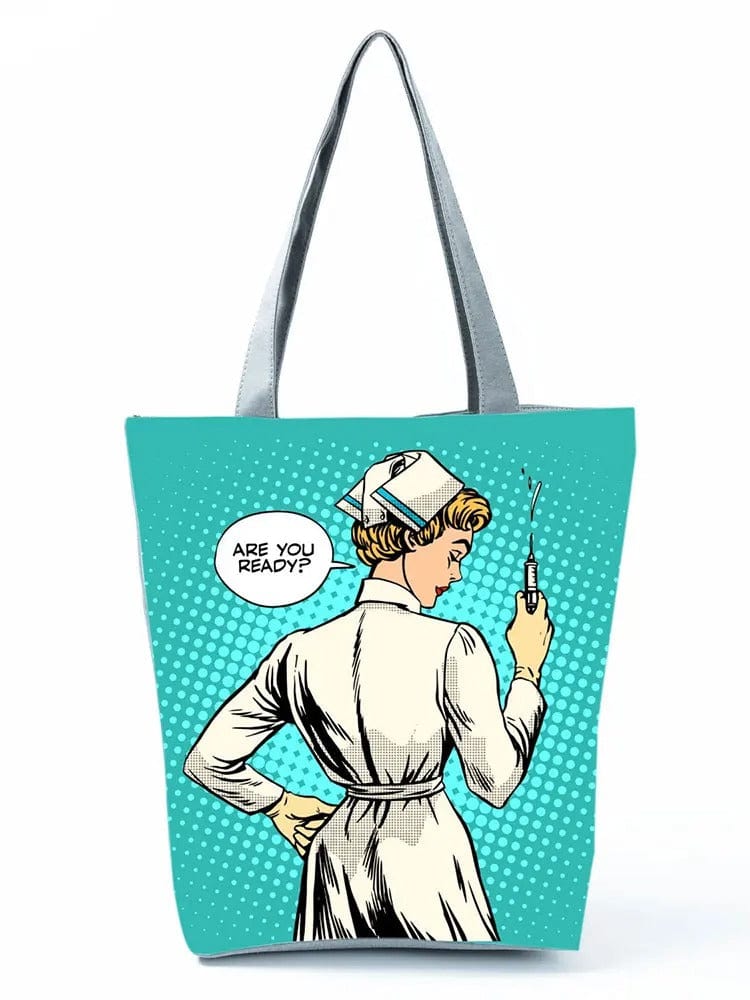 CartoonNurse Ladies Printed Handbag – Foldable High Capacity Eco Reusable Shoulder Bag for Travel & Shopping
