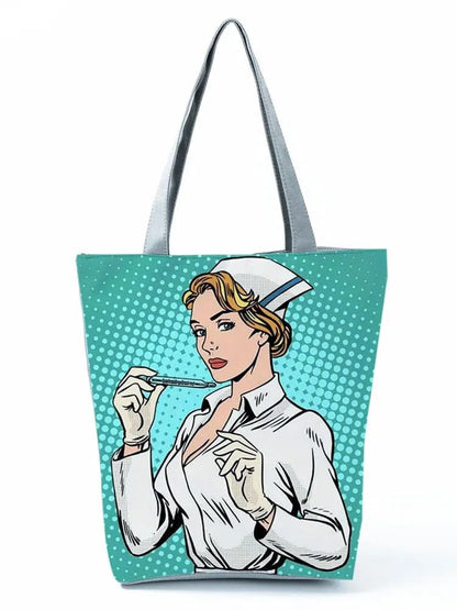 CartoonNurse Ladies Printed Handbag – Foldable High Capacity Eco Reusable Shoulder Bag for Travel & Shopping