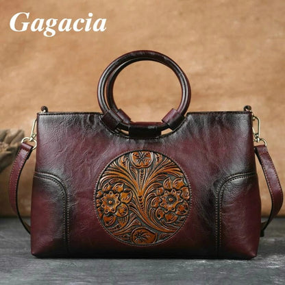 GAGACIA Chinese Style Embossed Leather Handbag – High-Quality Handmade Shoulder Bag for Women