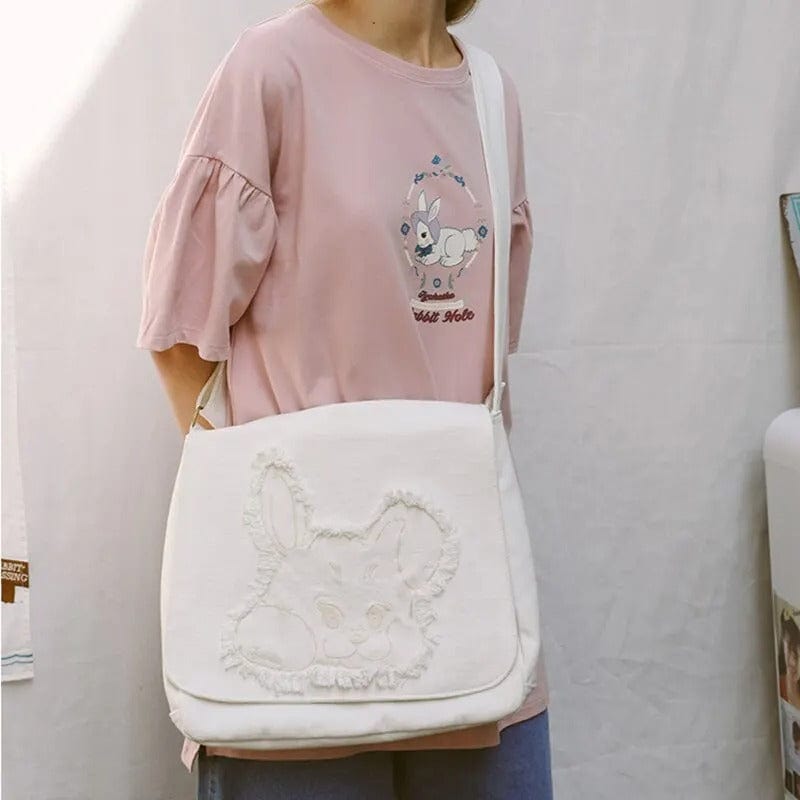 Harajuku Fringed Rabbit Embroidered Canvas Shoulder Bag – Stylish Women’s Crossbody