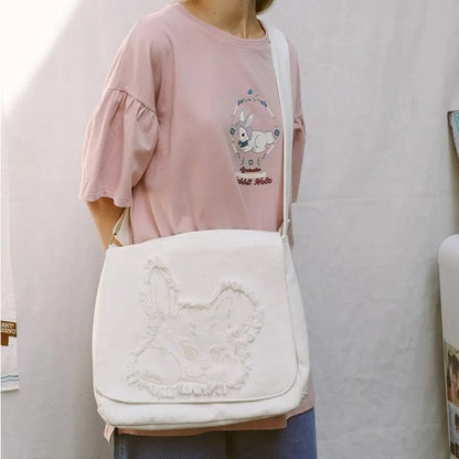Harajuku Fringed Rabbit Embroidered Canvas Shoulder Bag – Stylish Women’s Crossbody