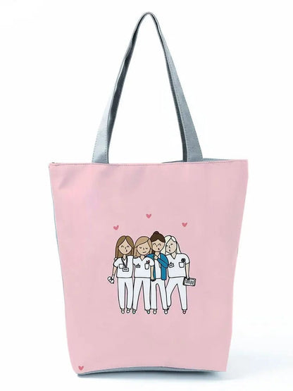 CartoonNurse Ladies Printed Handbag – Foldable High Capacity Eco Reusable Shoulder Bag for Travel & Shopping