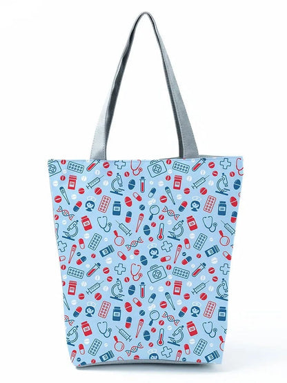 CartoonNurse Ladies Printed Handbag – Foldable High Capacity Eco Reusable Shoulder Bag for Travel & Shopping