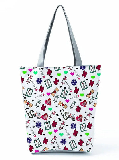 CartoonNurse Ladies Printed Handbag – Foldable High Capacity Eco Reusable Shoulder Bag for Travel & Shopping