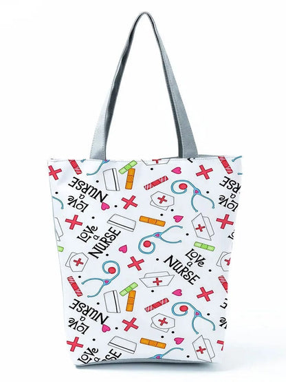 CartoonNurse Ladies Printed Handbag – Foldable High Capacity Eco Reusable Shoulder Bag for Travel & Shopping