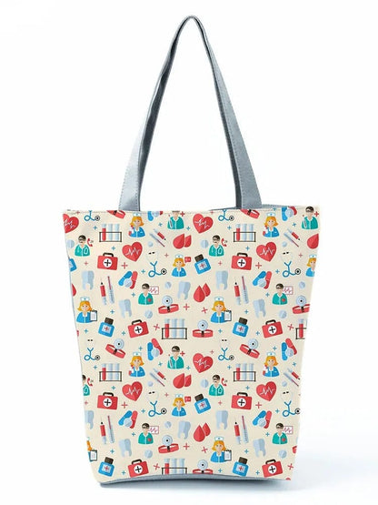 CartoonNurse Ladies Printed Handbag – Foldable High Capacity Eco Reusable Shoulder Bag for Travel & Shopping