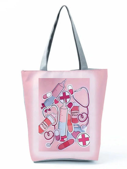 CartoonNurse Ladies Printed Handbag – Foldable High Capacity Eco Reusable Shoulder Bag for Travel & Shopping