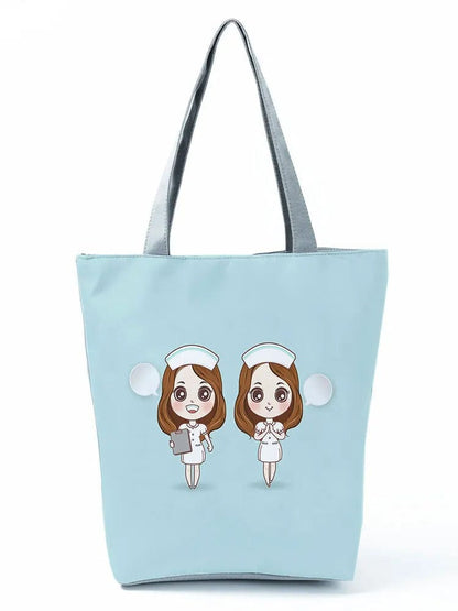 CartoonNurse Ladies Printed Handbag – Foldable High Capacity Eco Reusable Shoulder Bag for Travel & Shopping