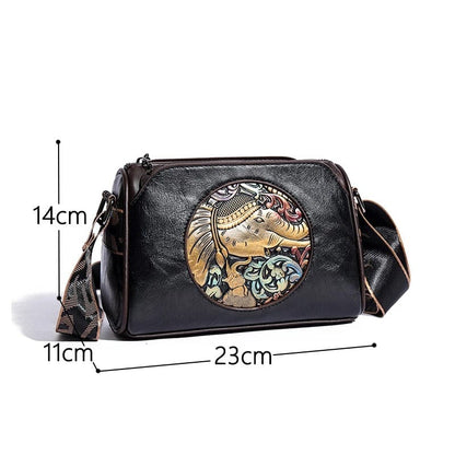 Women's Shoulder Bag with Elephant Embroidery – High-Quality Leather Messenger Bag