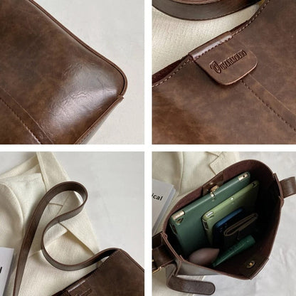 LEFTSIDE 2024 Retro Solid Color Leather Shoulder Bag - Stylish Korean Fashion
