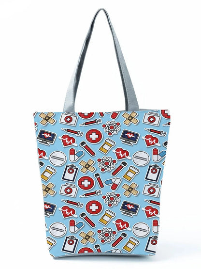 CartoonNurse Ladies Printed Handbag – Foldable High Capacity Eco Reusable Shoulder Bag for Travel & Shopping